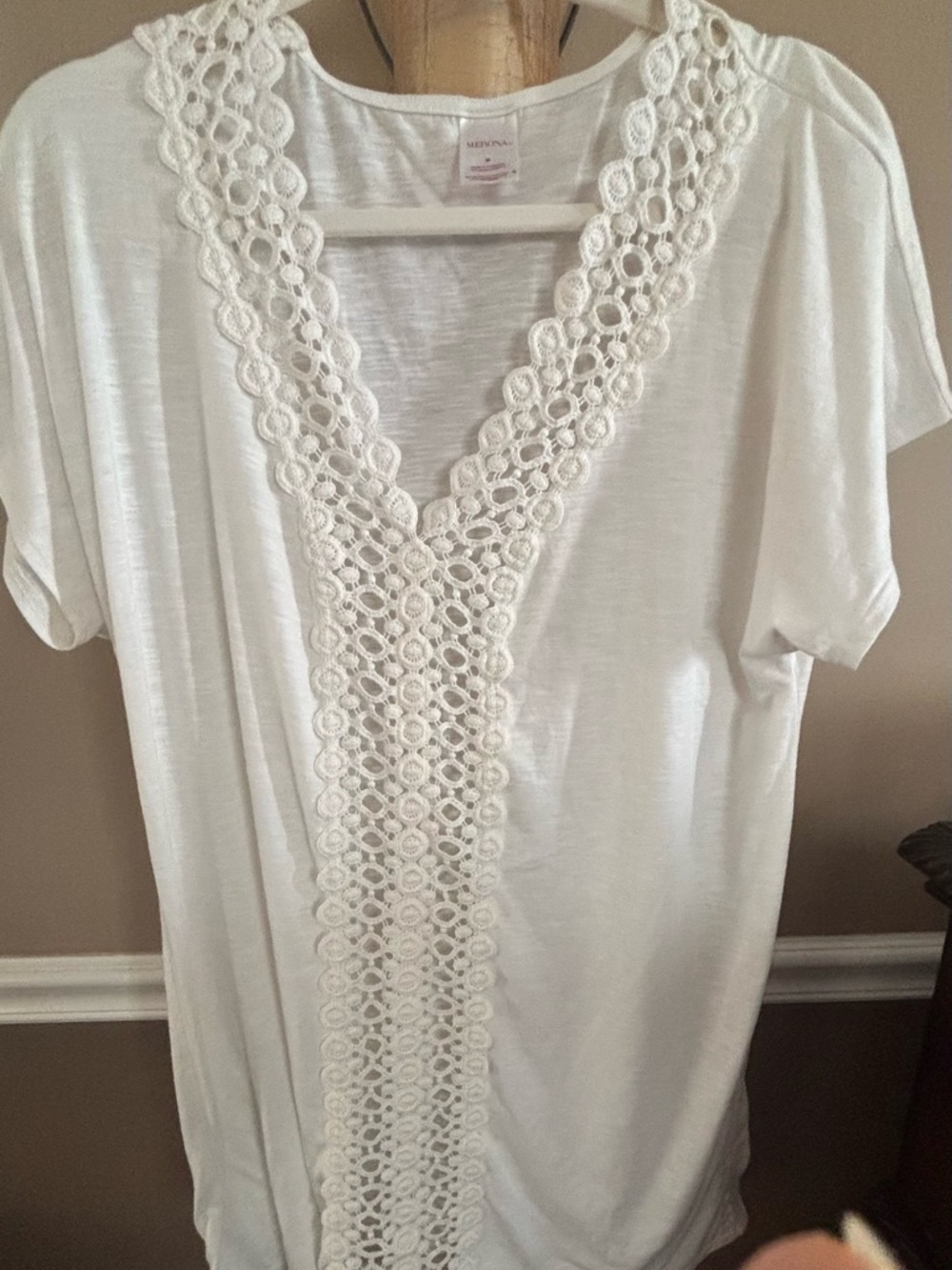 Merona White V-Neck Tee with Crochet Trim